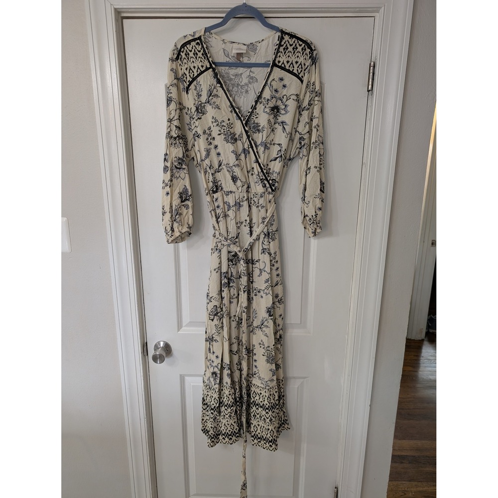 Knox Rose Women XXL Cream Blue Floral Wrap Midi Dress Boho Long Sleeve V-Neck